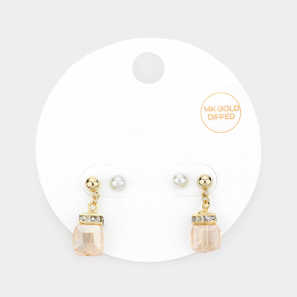 Madeline Love Lt Col Topaz 2Pairs - 14K Gold Dipped Pearl Stud Square Dangle Earrings