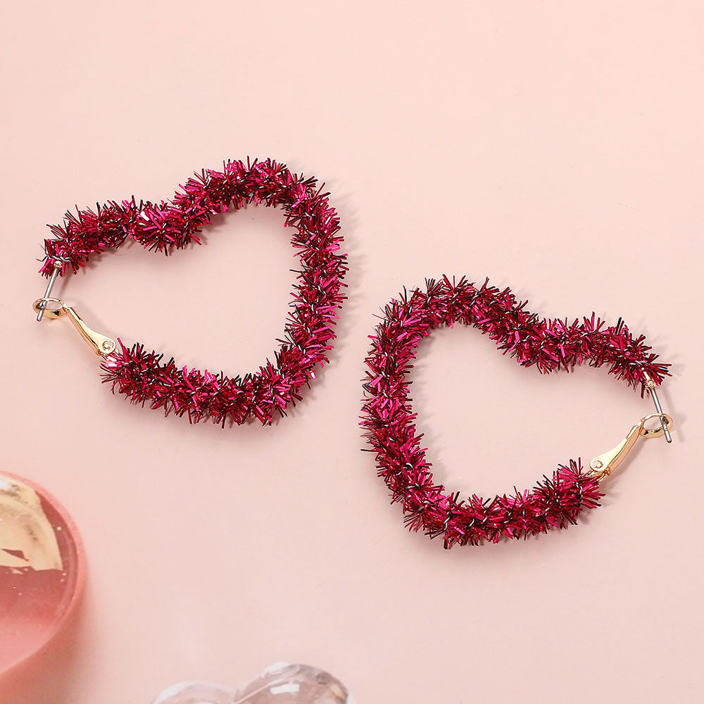 Madeline Love Fuchsia, Gold Tinsel Heart Hoop Earrings