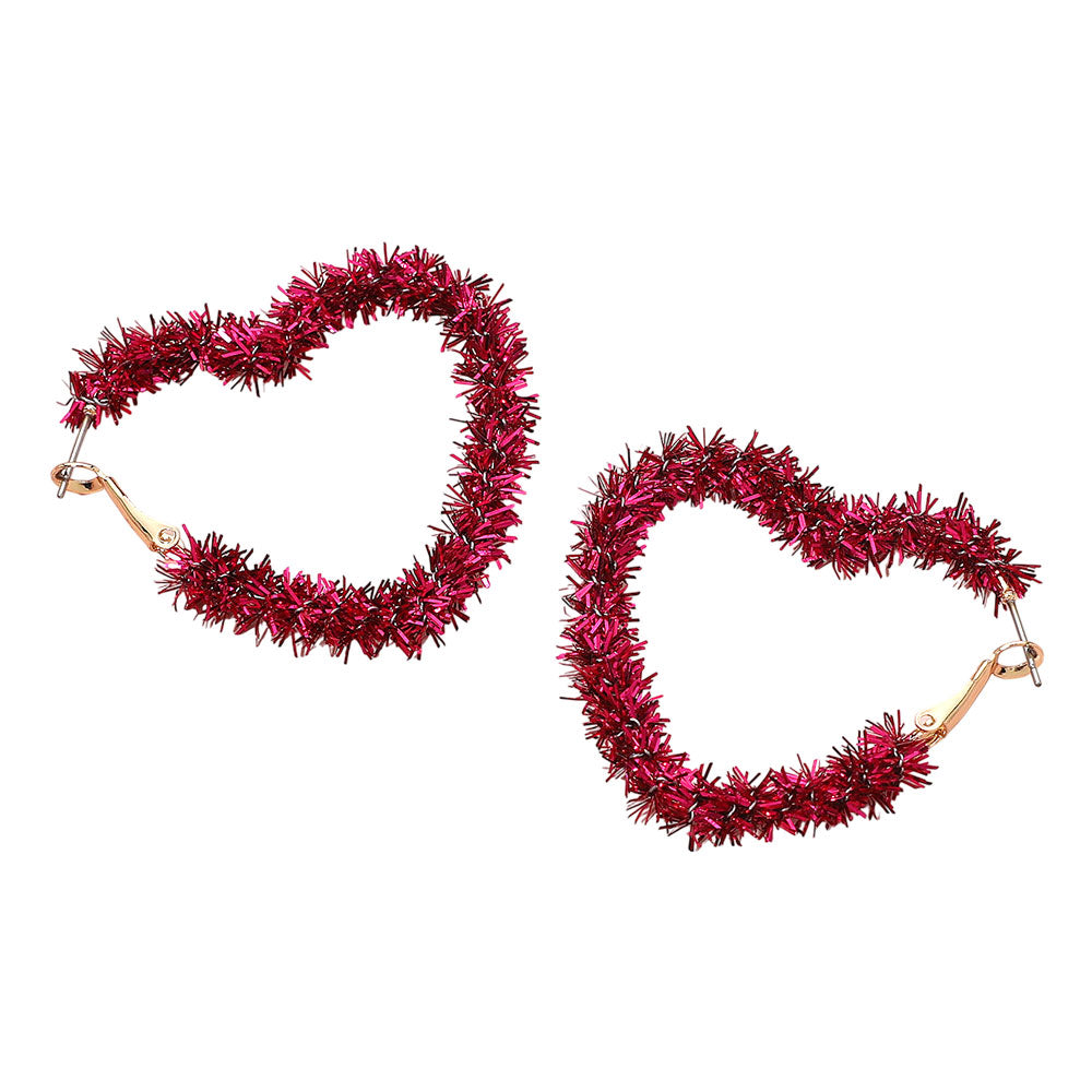 Madeline Love Fuchsia, Gold Tinsel Heart Hoop Earrings - desc