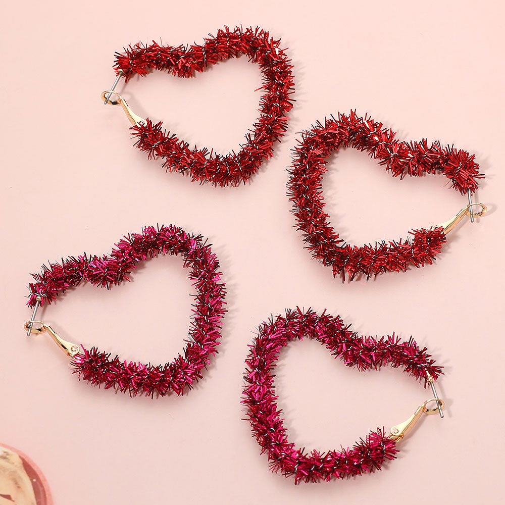 Madeline Love Fuchsia, Gold Tinsel Heart Hoop Earrings - extra