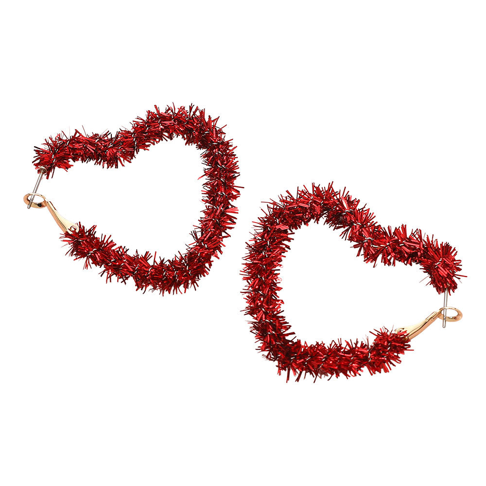 Madeline Love Gold, Red Tinsel Heart Hoop Earrings - desc