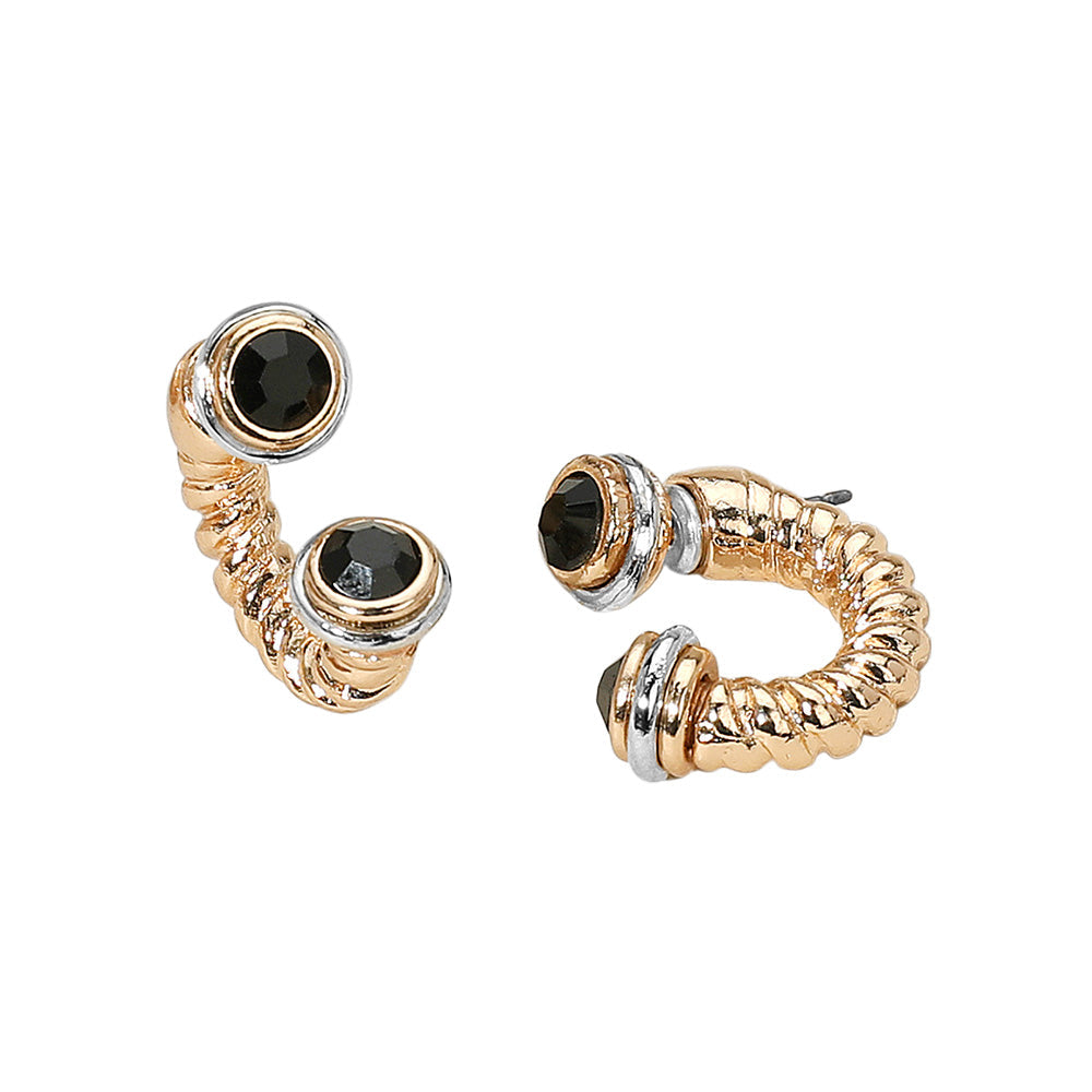 Madeline Love Gold, Jet Black Stone Tip Two Tone Twisted Metal Ear Jacket Earrings - desc