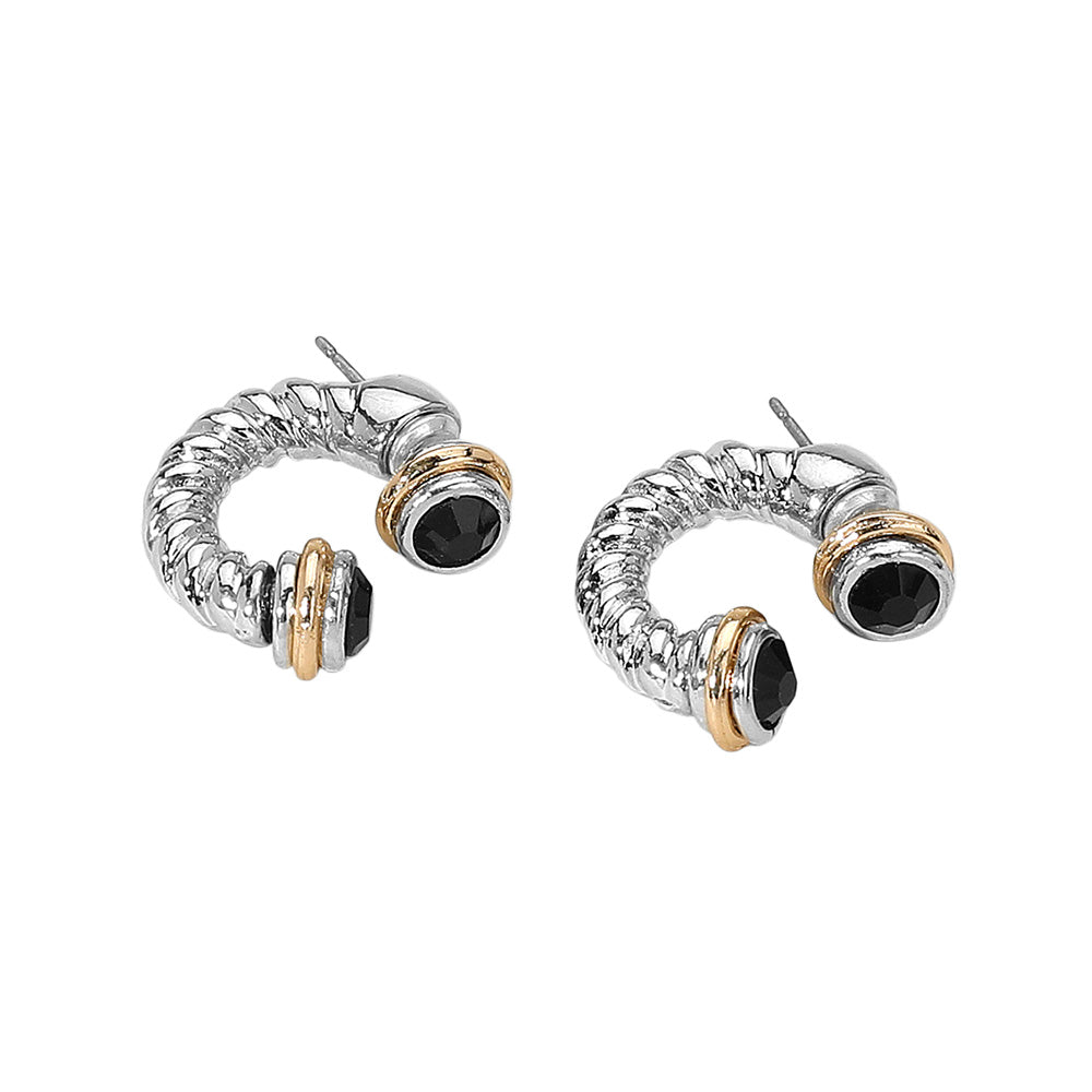 Madeline Love Jet Black, Rhodium Stone Tip Two Tone Twisted Metal Ear Jacket Earrings - desc