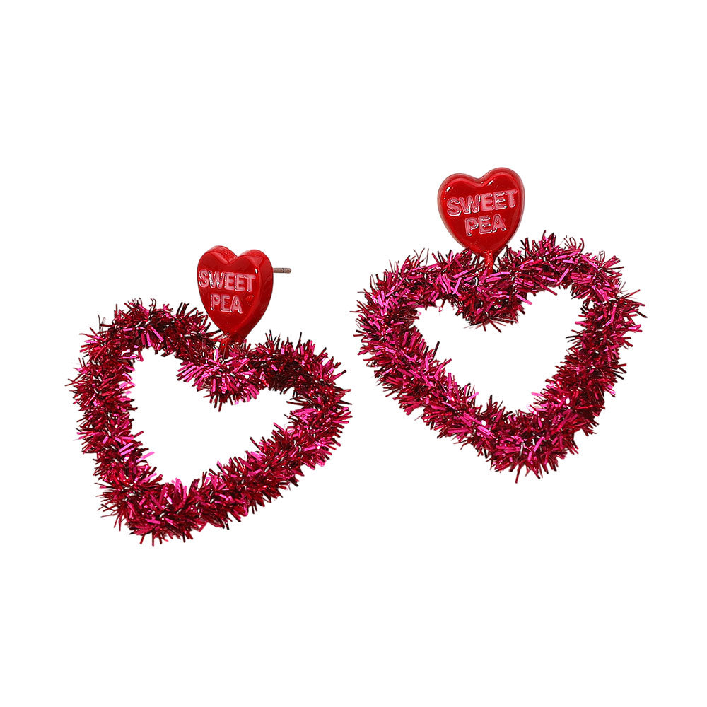 Madeline Love Fuchsia, Gold Sweet Pea Tinsel Heart Dangle Earrings - desc