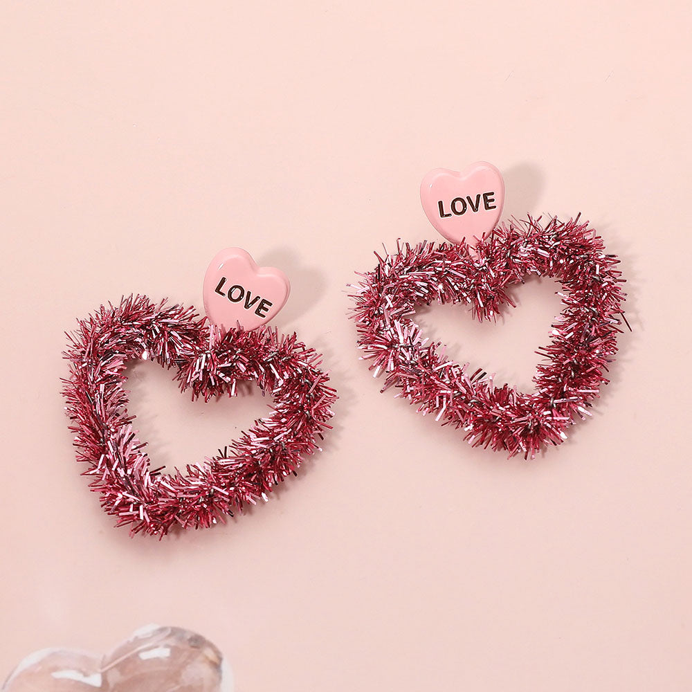 Madeline Love Gold, Pink Sweet Pea Tinsel Heart Dangle Earrings