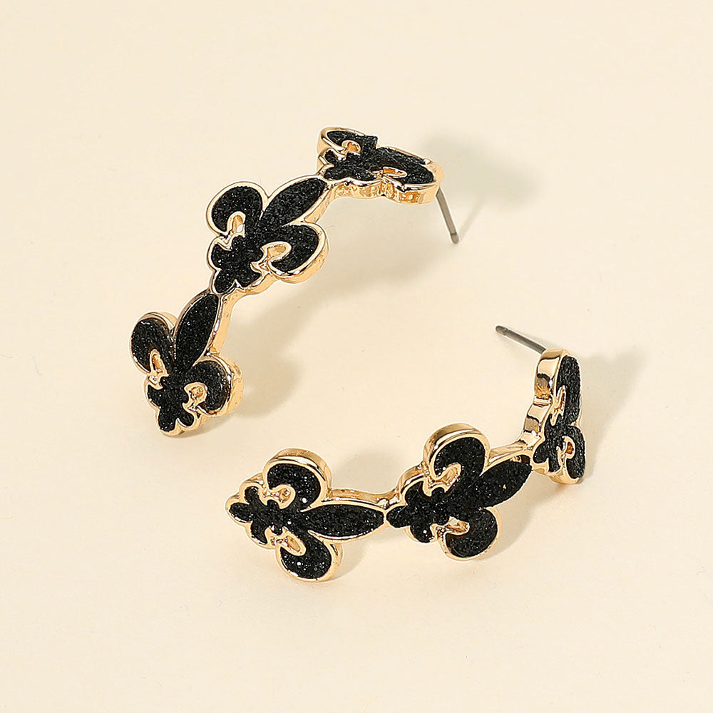Black, Gold Glitter Mardi Gras Fleur de Lis Link Hoop Earrings