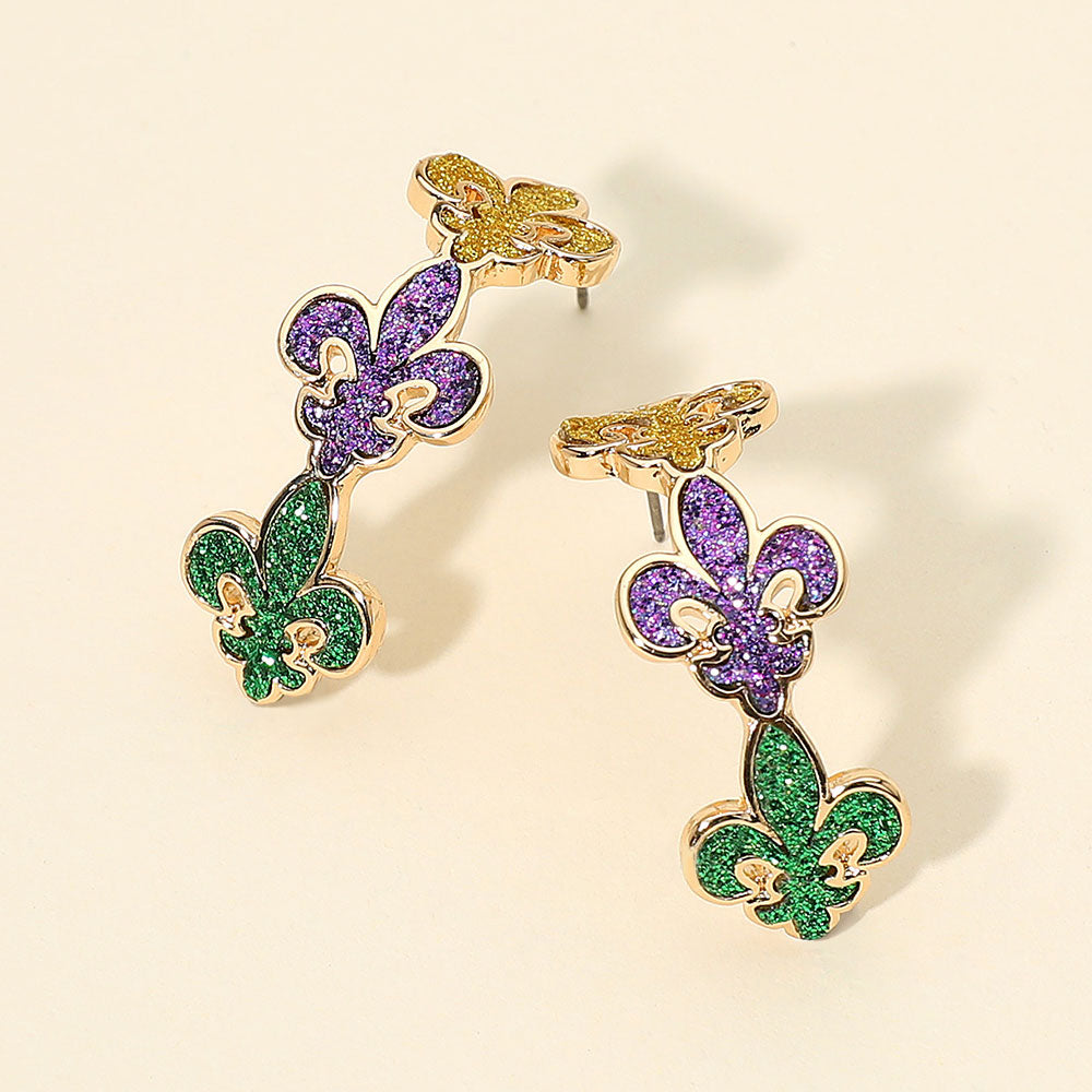 Multi Glitter Mardi Gras Fleur de Lis Link Hoop Earrings