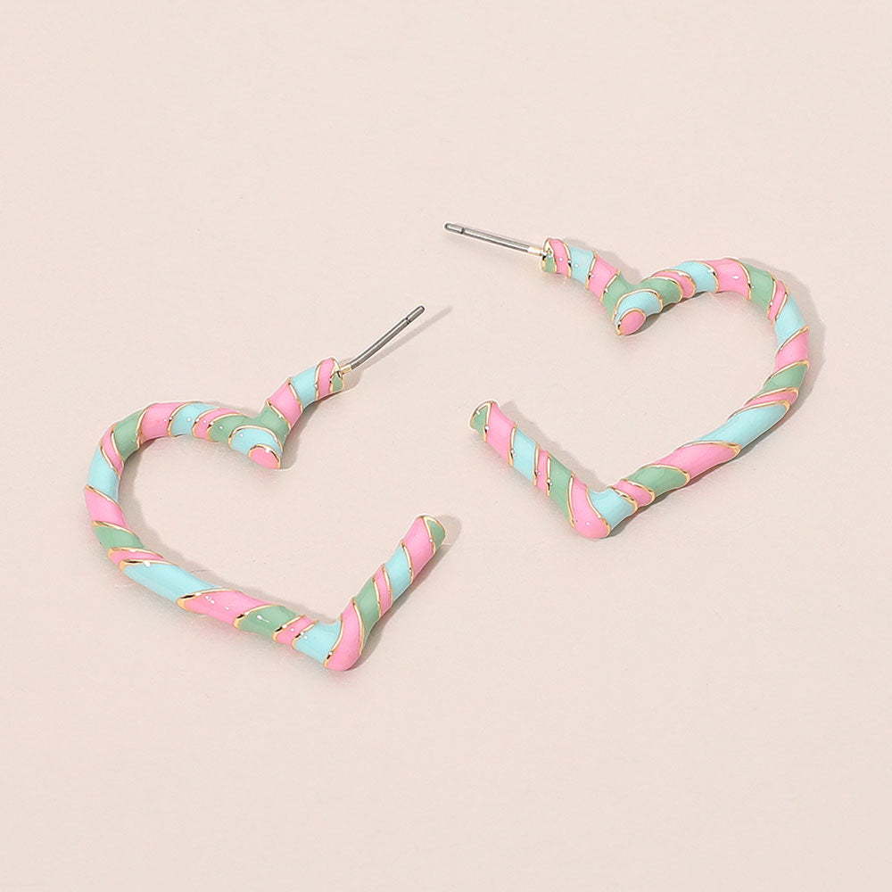 Madeline Love Gold, Multi Enamel Twisted Candy Cane Open Heart Hoop Earrings