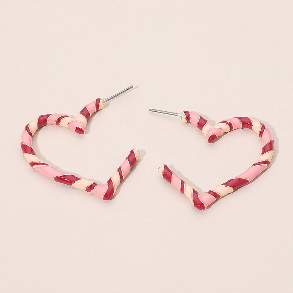 Madeline Love Gold, Pink Enamel Twisted Candy Cane Open Heart Hoop Earrings