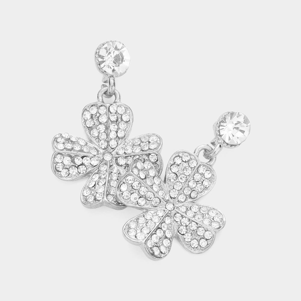 Madeline Love Clear, Rhodium Rhinestone Paved Clover Dangle Earrings