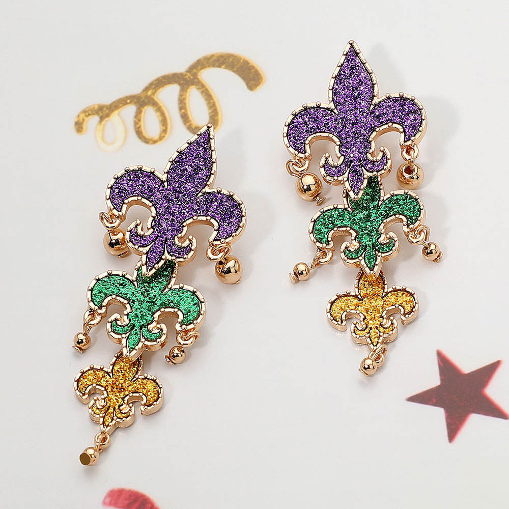 Multi Mardi Gras Glitter Fleur de Lis Drop Earrings
