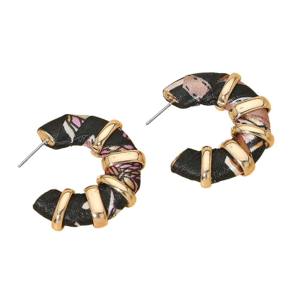 Madeline Love Black Chunky Fabric Wrapped Hoop Earrings - desc