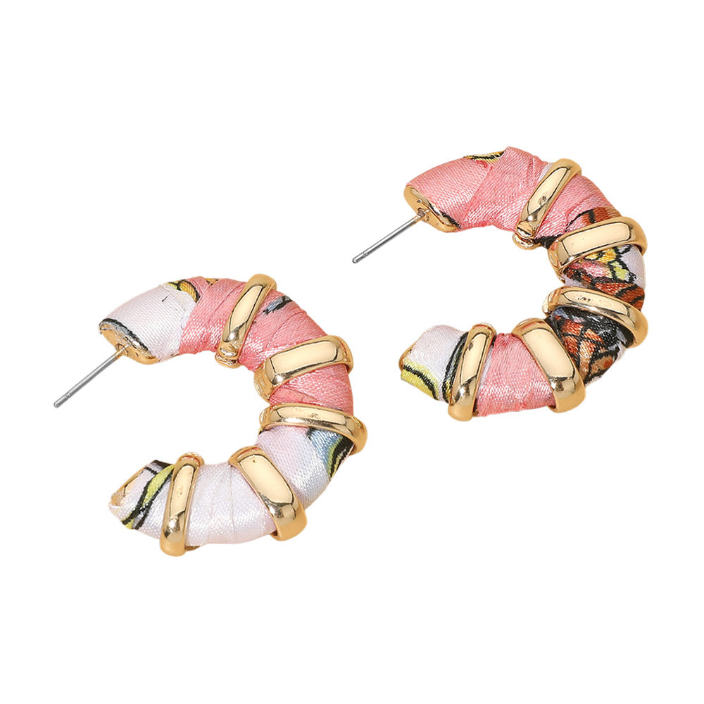 Madeline Love Pink Chunky Fabric Wrapped Hoop Earrings - desc
