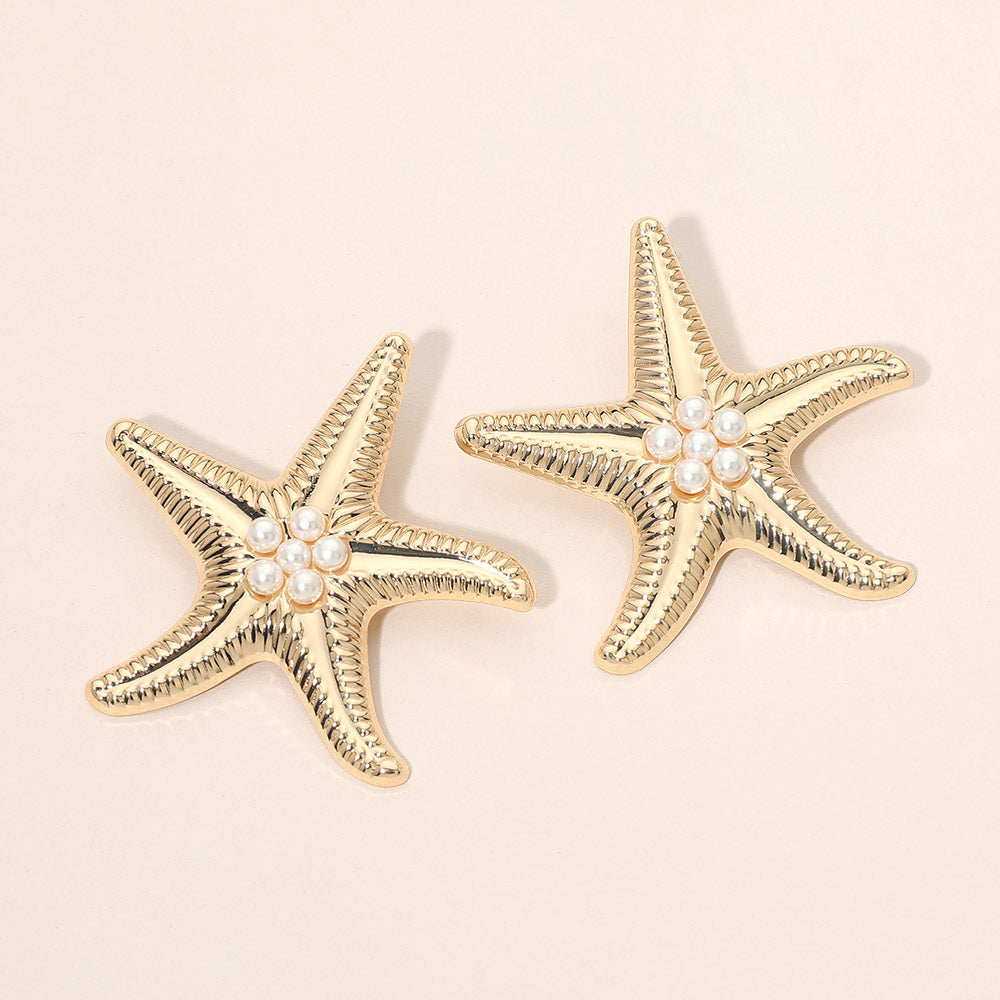 Madeline Love Gold Bold Pearl Center Textured Starfish Statement Earrings