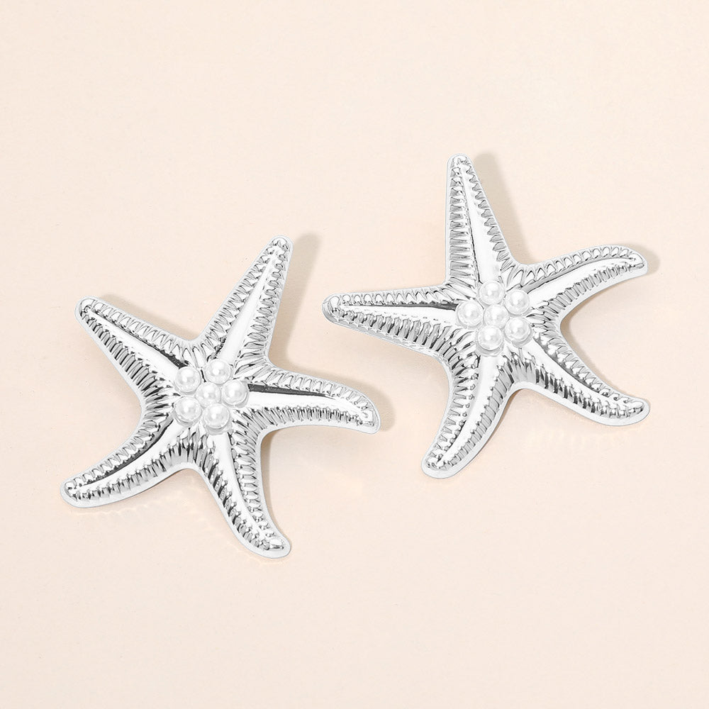 Madeline Love Rhodium Bold Pearl Center Textured Starfish Statement Earrings