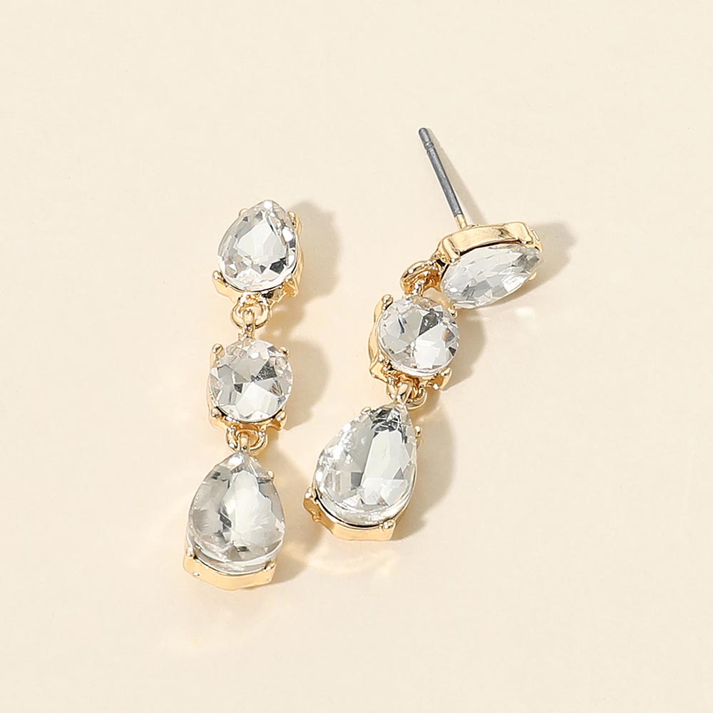 Madeline Love Clear, Gold Triple Teardrop Stone Cluster Link Drop Earrings
