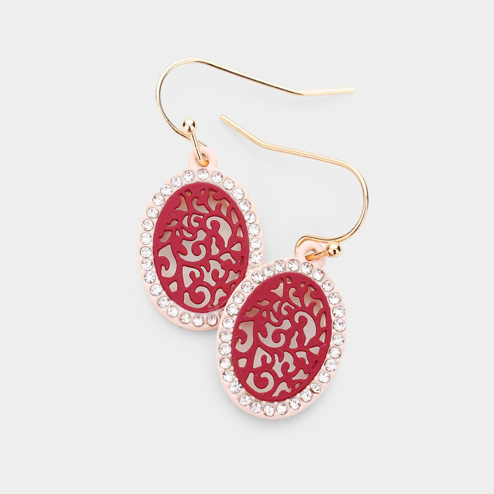Madeline Love Burgundy, Pink Filigree Rhinestone Pave Round Earrings