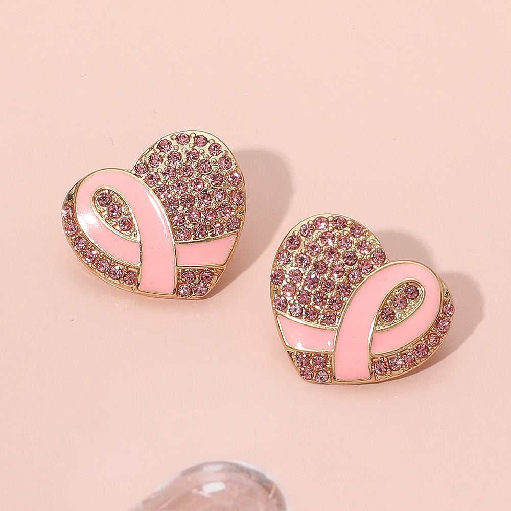 Gold, Light, Pink Pink Ribbon Heart Breast Cancer Awareness Heart Earrings