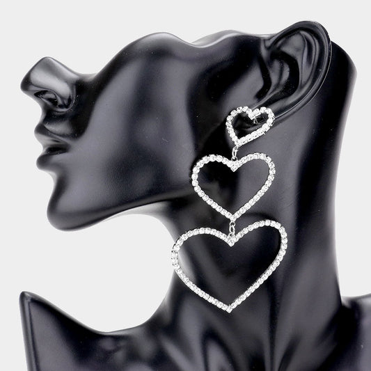 Rhinestone Triple Open Heart Link Dangle Earrings - Rhodium - Earrings