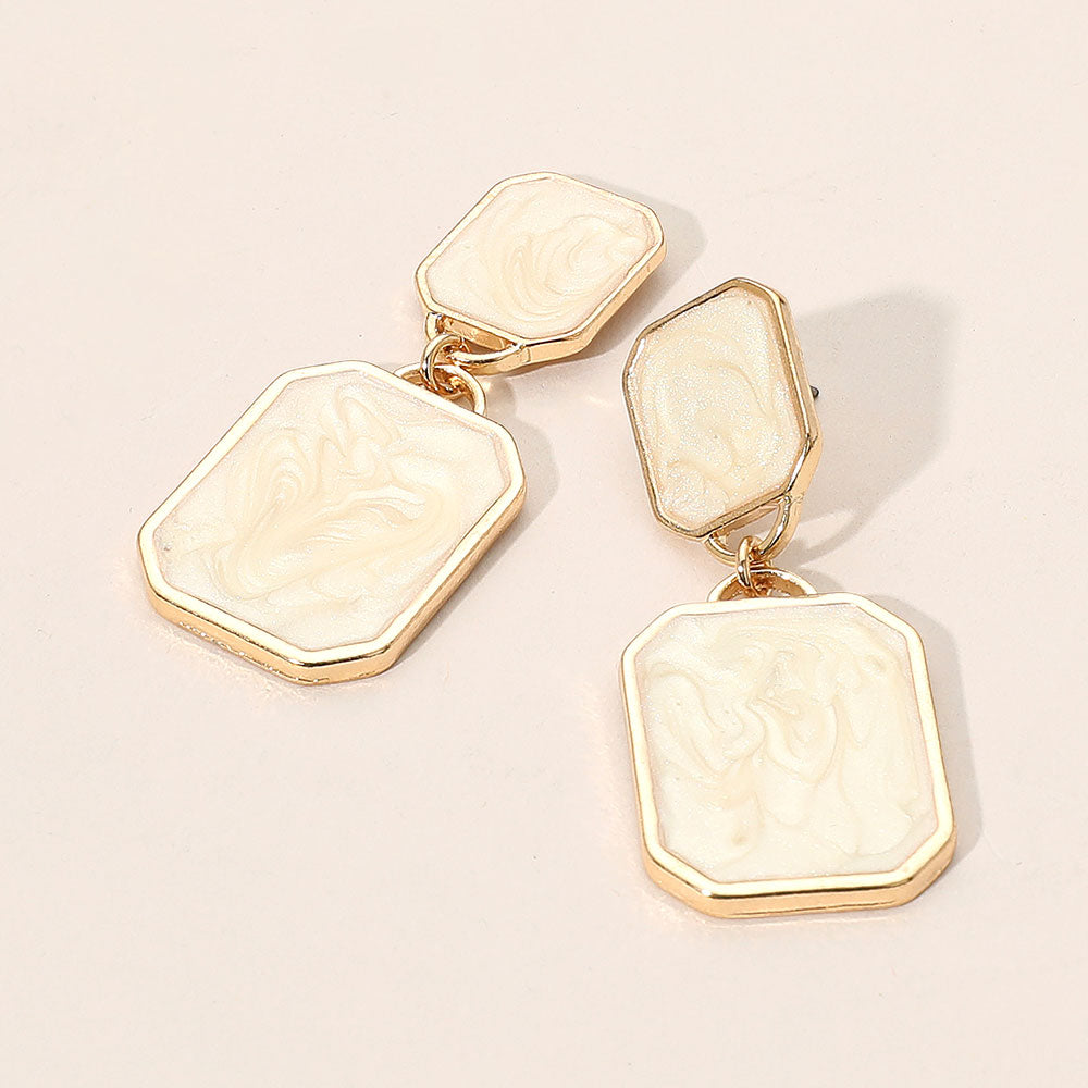 Madeline Love White Marbled Resin Rectangle Plate Dangle Earrings
