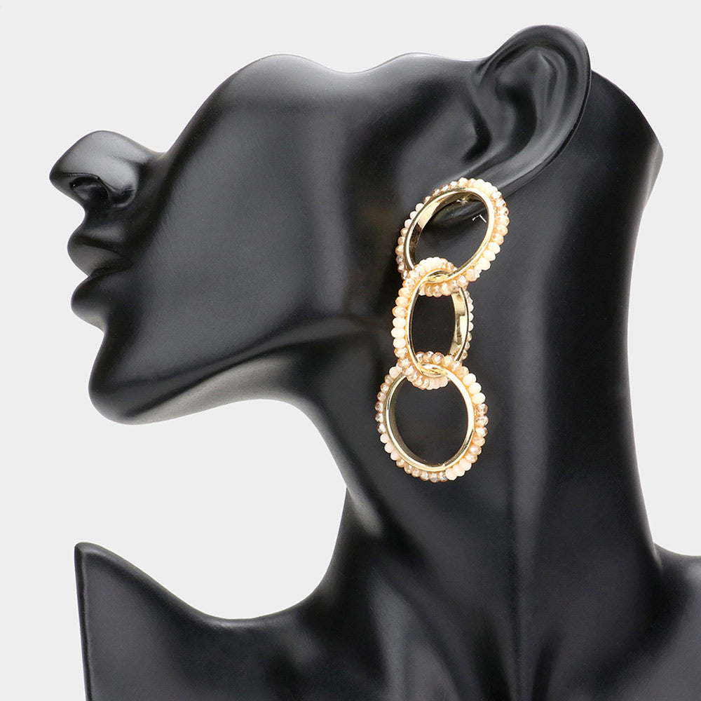 Madeline Love Beige Faceted Bead Trimmed Triple Open Circle Link Dangle Earrings