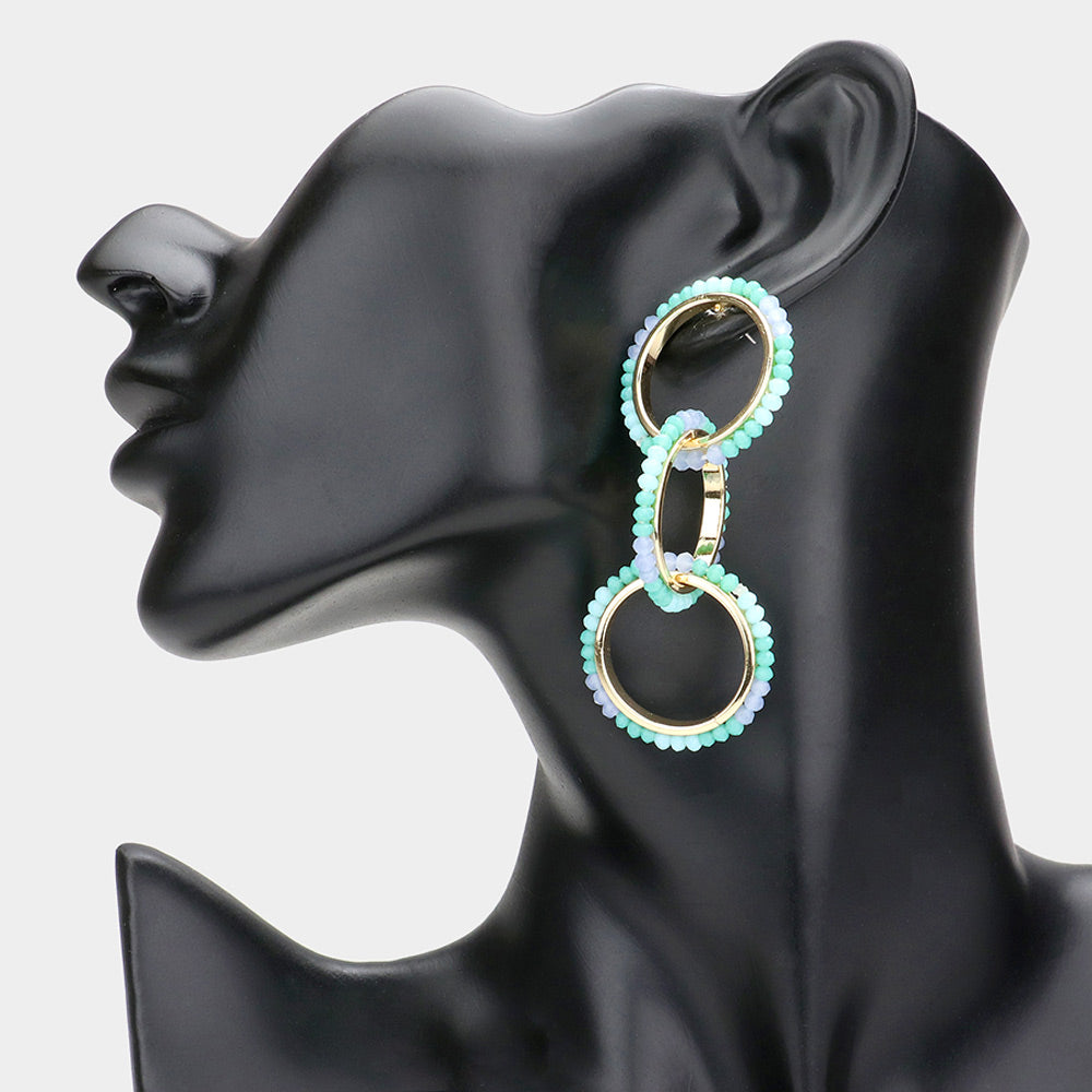 Madeline Love Blue Faceted Bead Trimmed Triple Open Circle Link Dangle Earrings