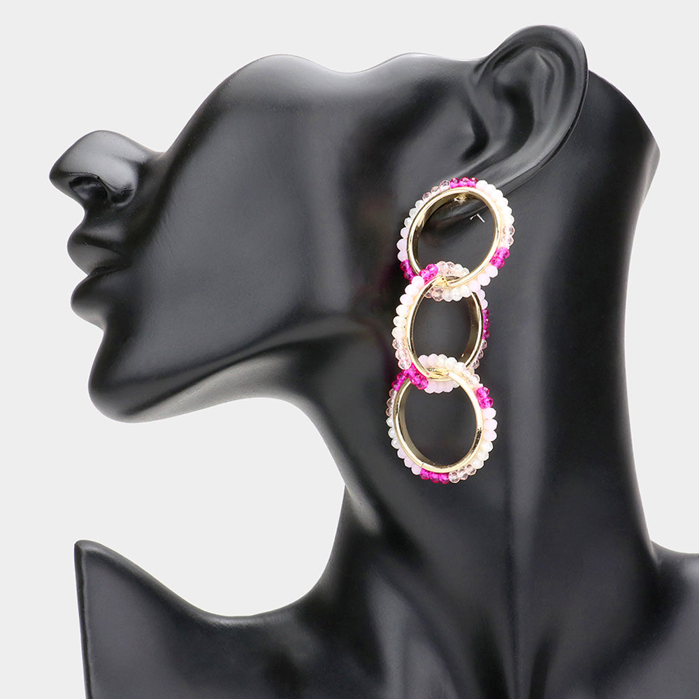 Madeline Love Fuchsia Faceted Bead Trimmed Triple Open Circle Link Dangle Earrings