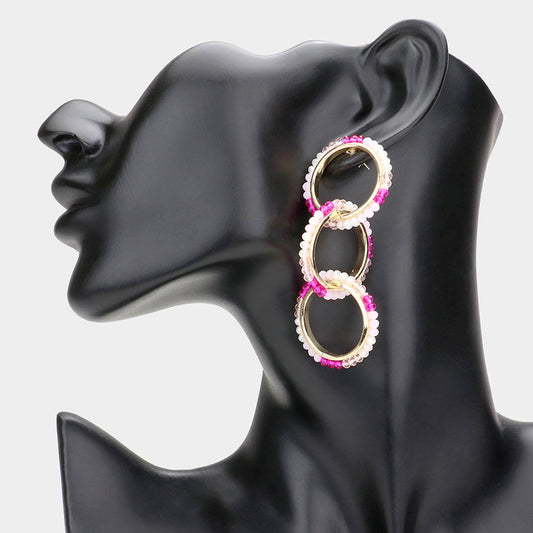 Madeline Love Fuchsia Faceted Bead Trimmed Triple Open Circle Link Dangle Earrings