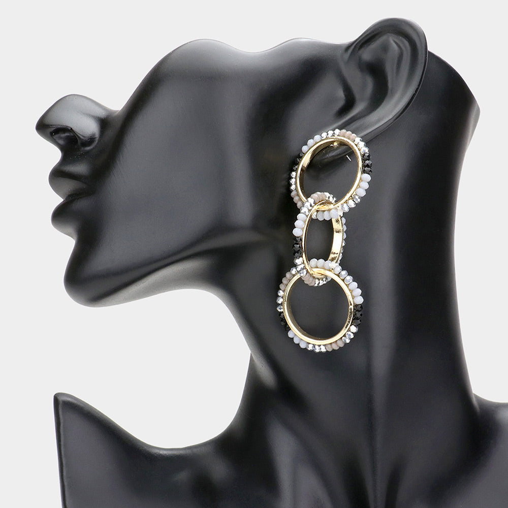 Madeline Love Gray Faceted Bead Trimmed Triple Open Circle Link Dangle Earrings