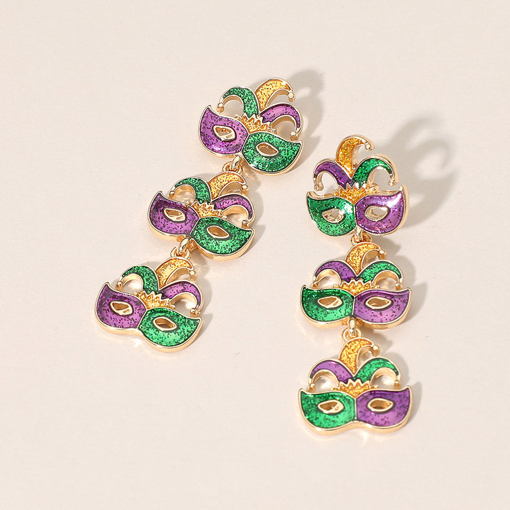 Madeline Love Gold Triple Mardi Gras Jester Mask Link Drop Earrings