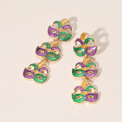 Madeline Love Gold Triple Mardi Gras Jester Mask Link Drop Earrings