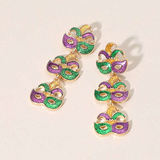 Madeline Love Gold Triple Mardi Gras Jester Mask Link Drop Earrings