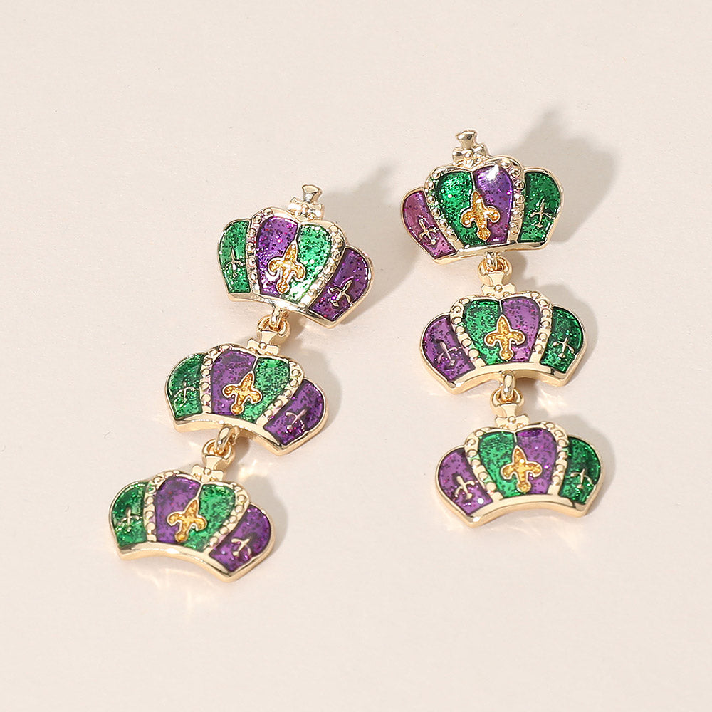 Madeline Love Gold Triple Mardi Gras Crown Link Drop Earrings