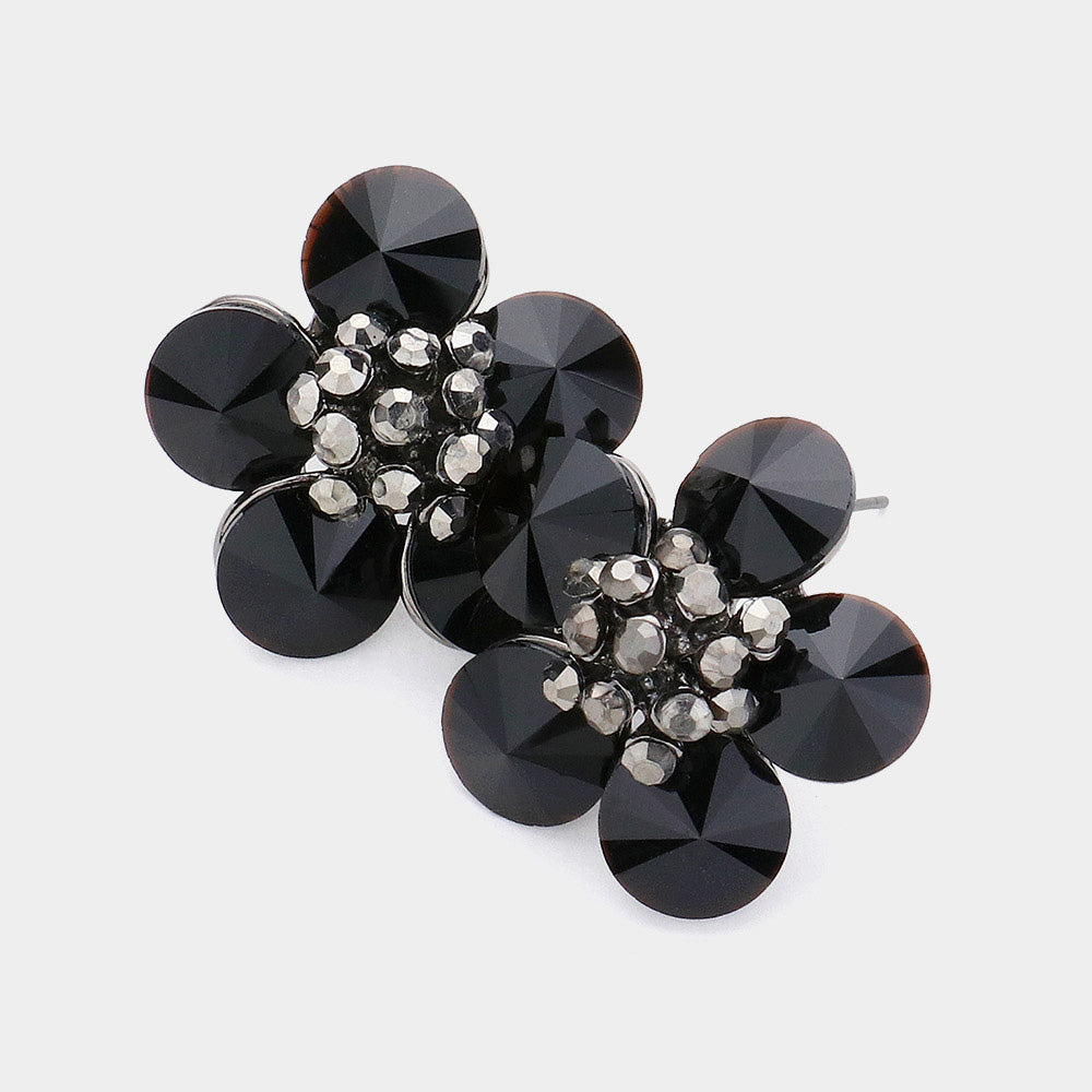 Madeline Love Jet Black Glass Stone Flower Earrings