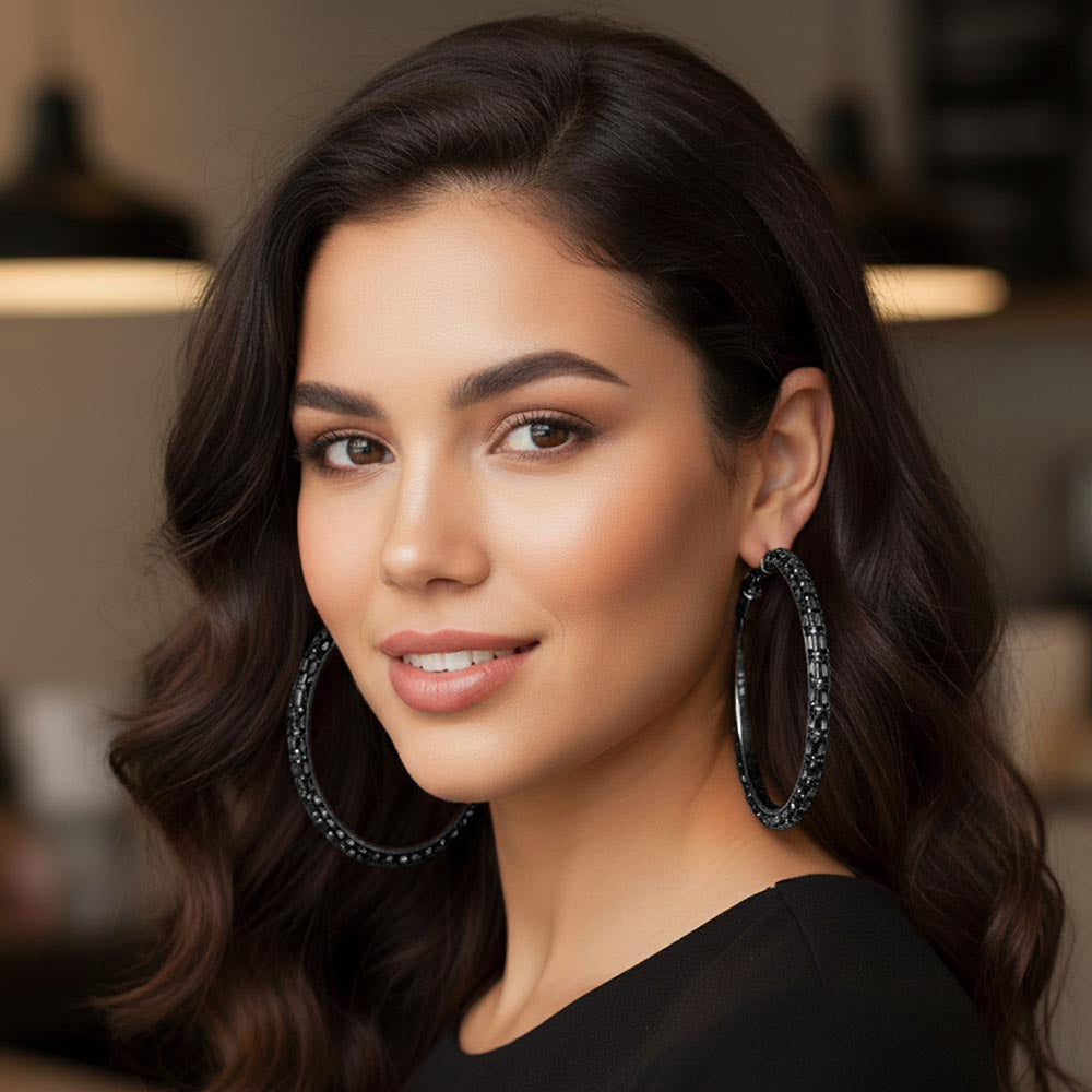Madeline Love Black, Jet Black Oversized Baguette Rhinestone Embellished Hoop Earrings