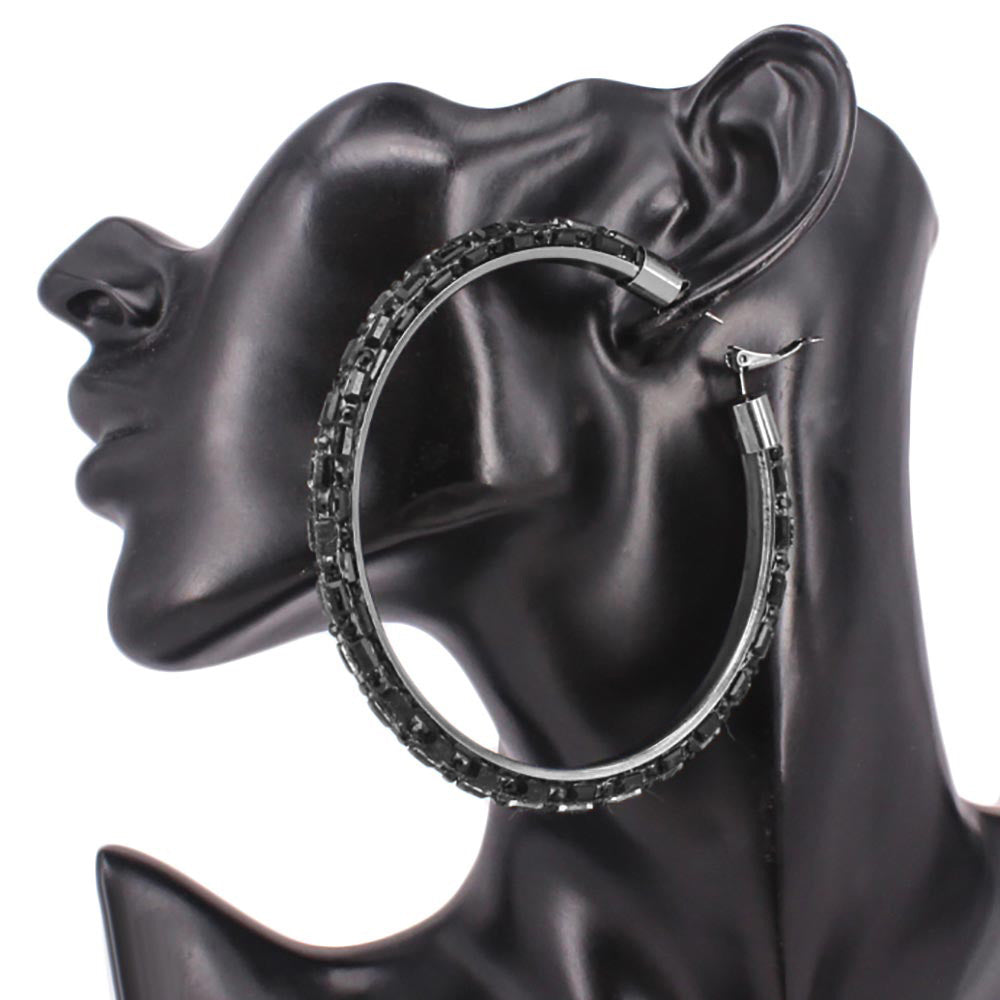 Madeline Love Black, Jet Black Oversized Baguette Rhinestone Embellished Hoop Earrings - desc