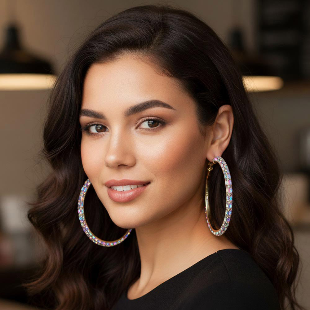 Madeline Love AB, Gold Oversized Baguette Rhinestone Embellished Hoop Earrings