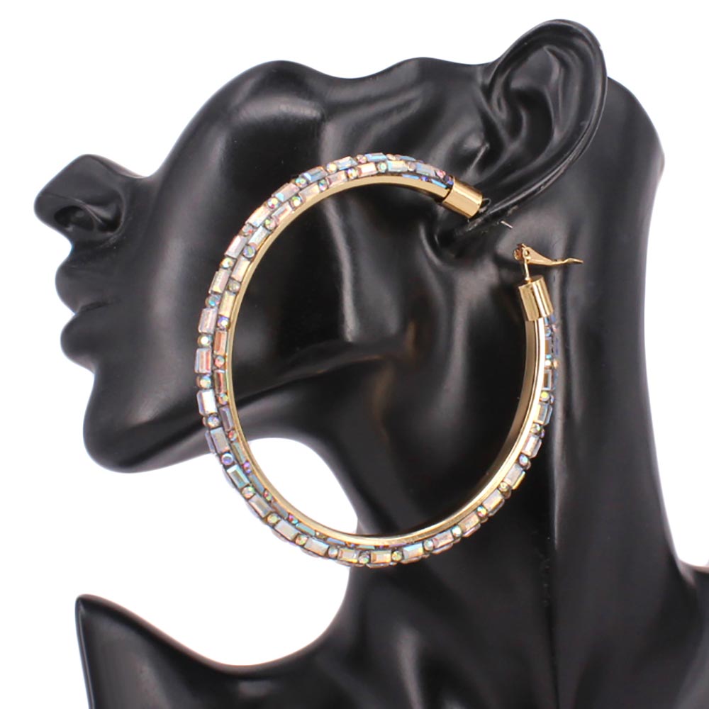 Madeline Love AB, Gold Oversized Baguette Rhinestone Embellished Hoop Earrings - desc
