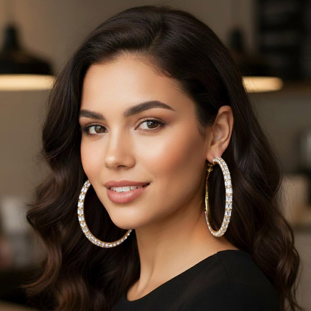 Madeline Love Clear, Gold Oversized Baguette Rhinestone Embellished Hoop Earrings