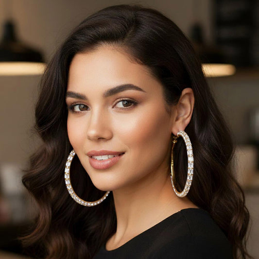 Madeline Love Clear, Gold Oversized Baguette Rhinestone Embellished Hoop Earrings