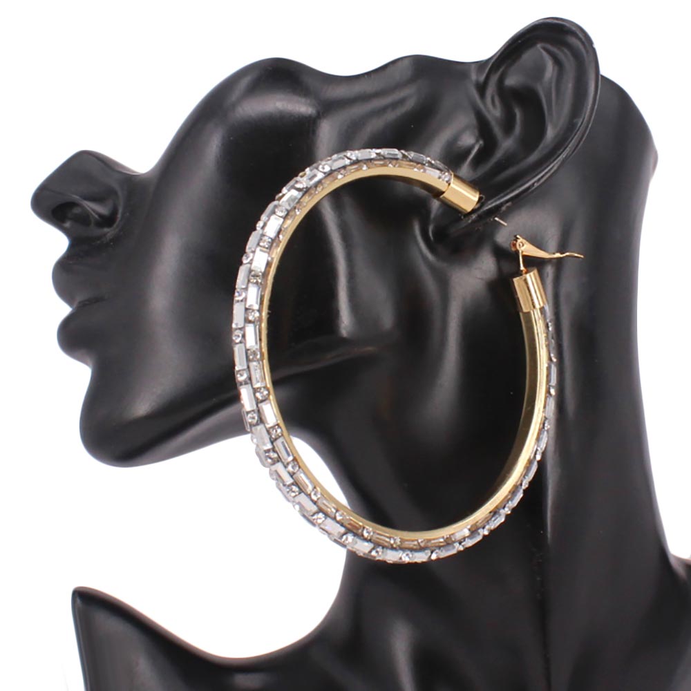 Madeline Love Clear, Gold Oversized Baguette Rhinestone Embellished Hoop Earrings - desc