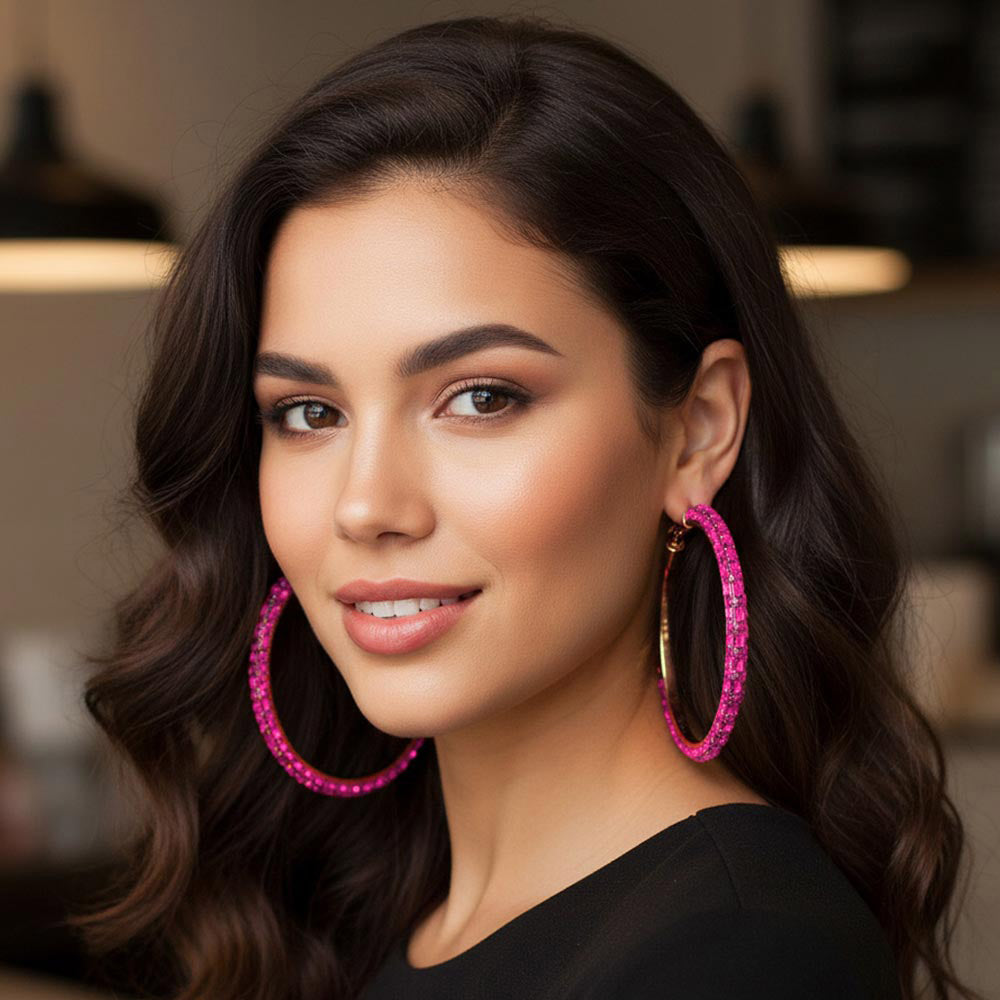 Madeline Love Fuchsia, Gold Oversized Baguette Rhinestone Embellished Hoop Earrings