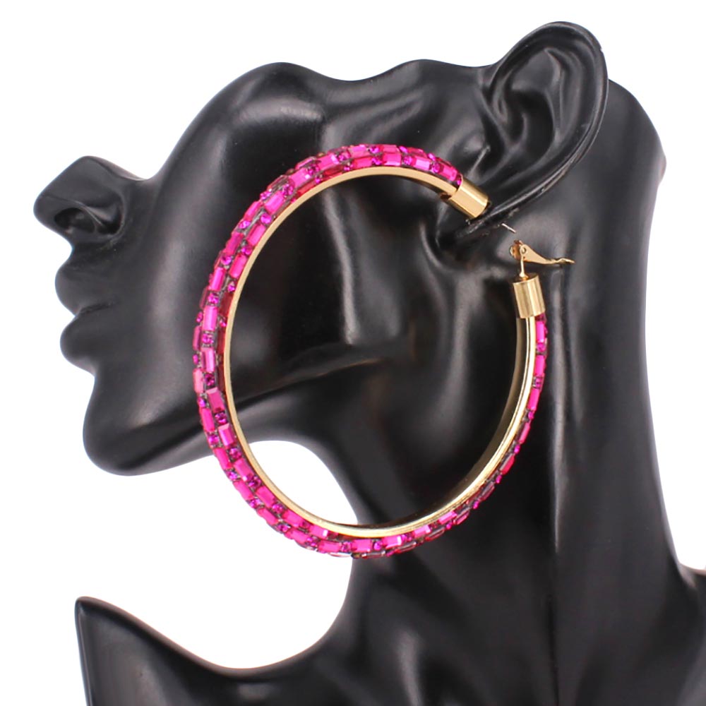 Madeline Love Fuchsia, Gold Oversized Baguette Rhinestone Embellished Hoop Earrings - desc