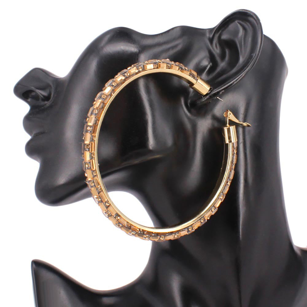 Madeline Love Gold, Lt Col Topaz Oversized Baguette Rhinestone Embellished Hoop Earrings - desc