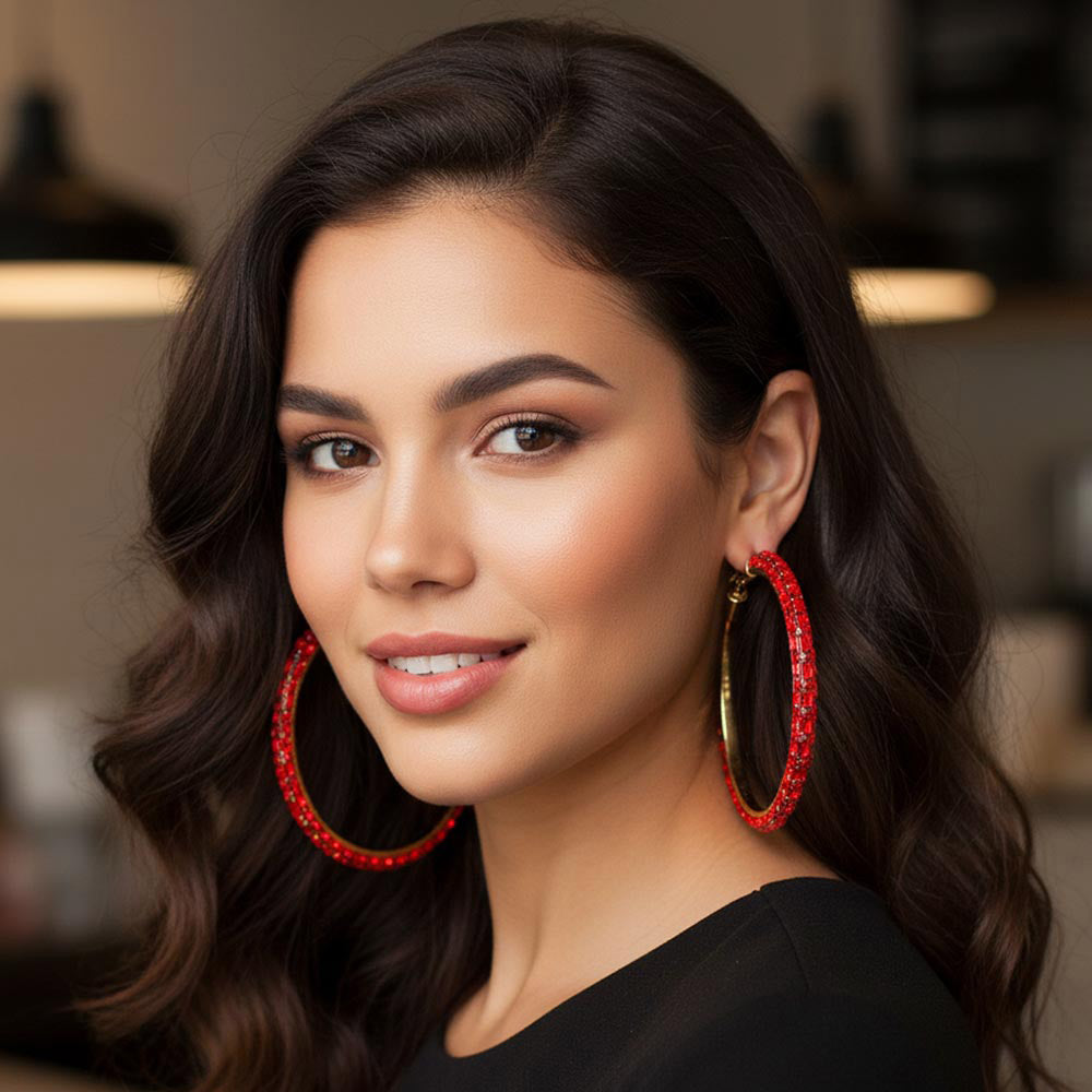 Madeline Love Gold, Siam Oversized Baguette Rhinestone Embellished Hoop Earrings