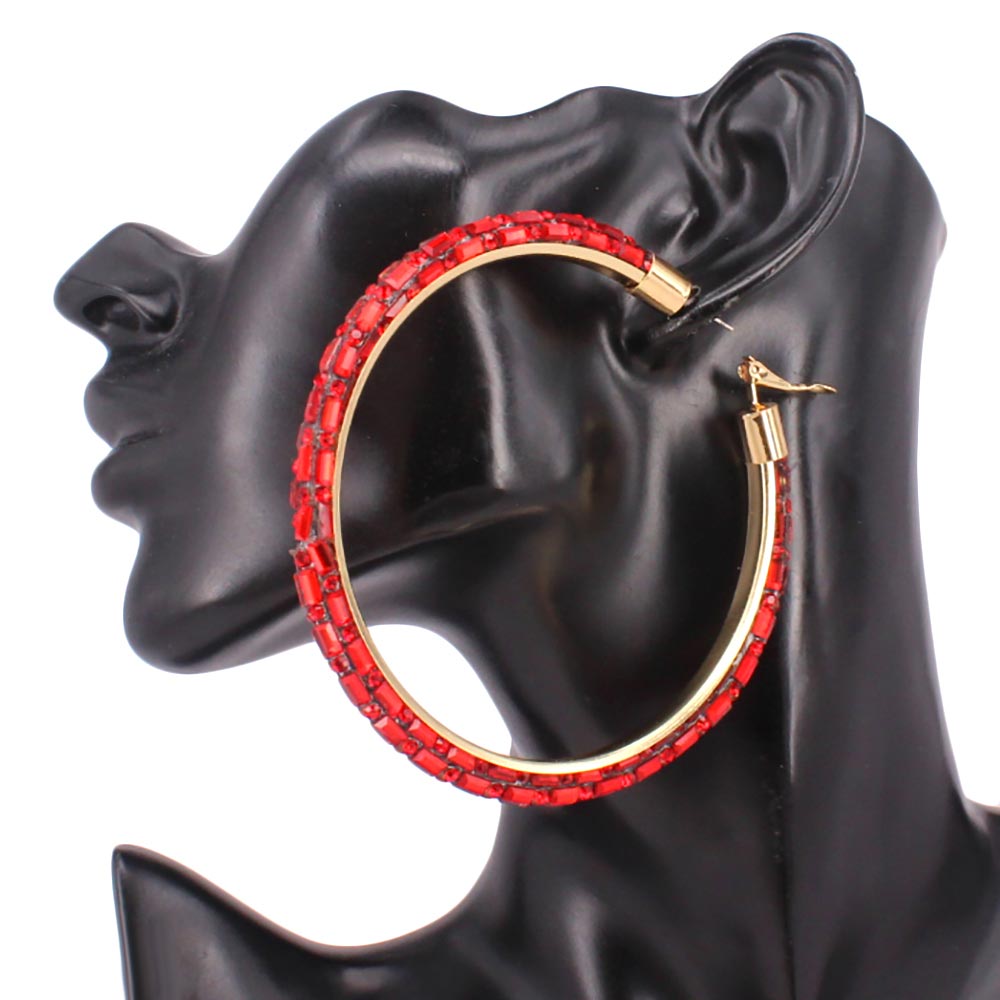 Madeline Love Gold, Siam Oversized Baguette Rhinestone Embellished Hoop Earrings - desc