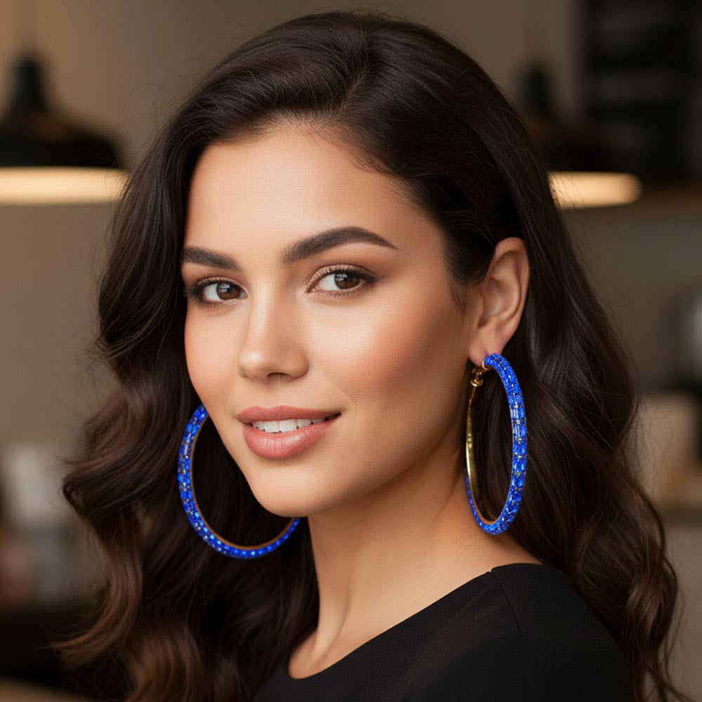 Madeline Love Gold, Sapphire Oversized Baguette Rhinestone Embellished Hoop Earrings