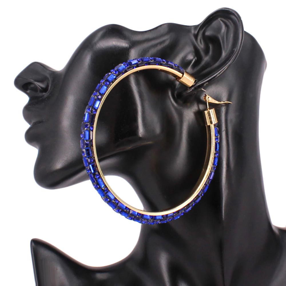 Madeline Love Gold, Sapphire Oversized Baguette Rhinestone Embellished Hoop Earrings - desc