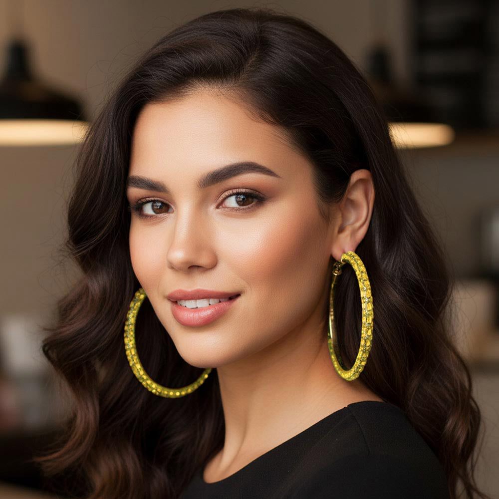 Madeline Love Gold, Yellow Oversized Baguette Rhinestone Embellished Hoop Earrings