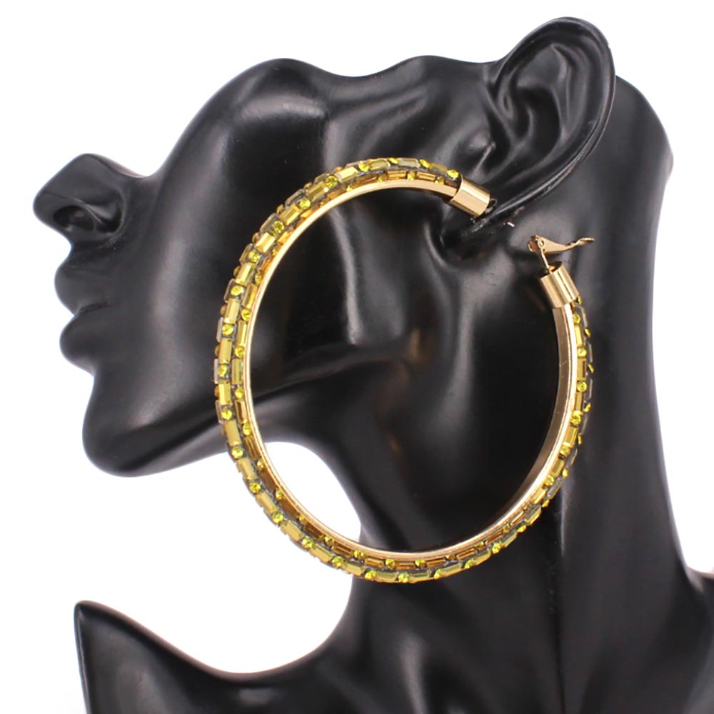Madeline Love Gold, Yellow Oversized Baguette Rhinestone Embellished Hoop Earrings - desc